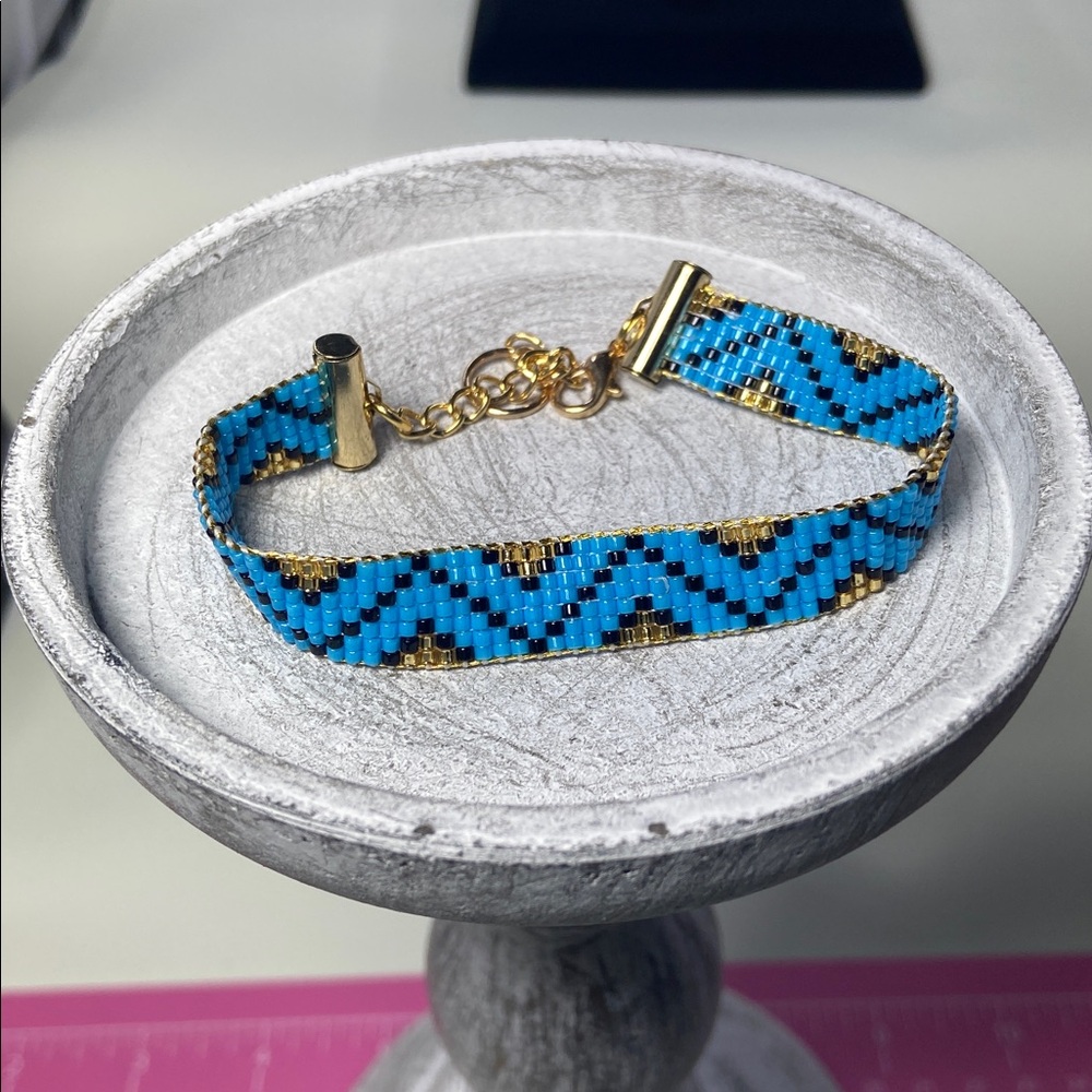 Handcrafted Loom-Beaded Bracelet Blue, Black and Gold Miyuki Delica Seed Beads